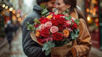 Couple in love with a huge bouquet of flowers photo