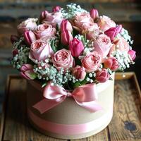 Pink and white roses, tulips, and baby's breath in a round box photo