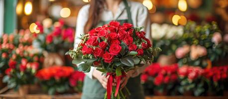 Cropped view, the florist with a bouquet of Red roses photo