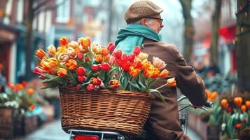A Senior man rides a bicycle with a basket containing a huge bunch of bright flowers photo