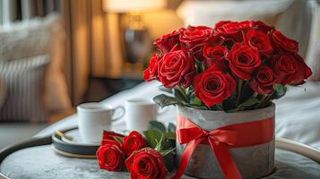 A bouquet of red roses, two cups of coffee in the hotel room photo