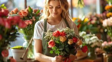 Florist makes a bouquet in a vibrant flower shop photo