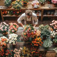 Man florist making bouquet in flower shop photo