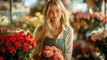 Florist with a bouquet of flowers in a vibrant flower shop photo