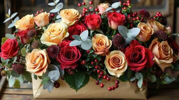 Arrangement of multi-colored roses wrapped in brown paper photo