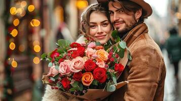 Couple in love with a big bouquet of flower photo