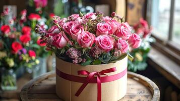 Pink roses in a round box with a ribbon photo
