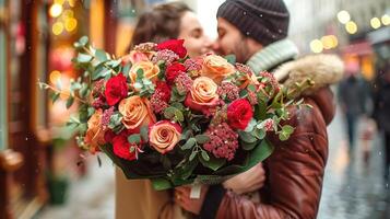 Couple in love with a huge bouquet of flowers photo