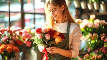 Florist makes a bouquet in a vibrant flower shop photo