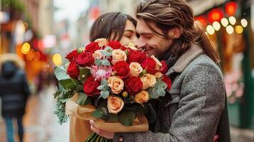Couple in love with a huge bouquet of flower photo