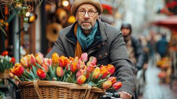 A Senior man rides a bicycle with a basket containing a bunch of bright flowers photo
