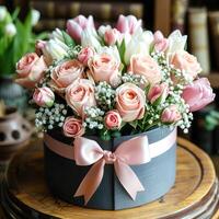 Pink roses a round box with a pink ribbon on top photo