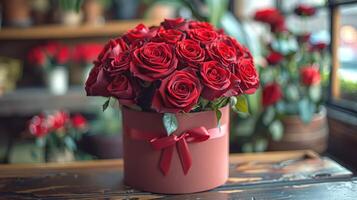 Red roses in a round box with a red ribbon photo