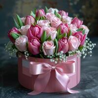Pink and white roses, tulips, and baby's breath in a round box photo
