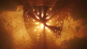 Old lantern with warm light rays in of old castle photo