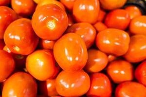 A vibrant collection of fresh, ripe tomatoes displayed in a market, showcasing their rich red color and smooth texture, perfect for culinary use and healthy eating photo
