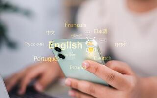 Woman use smartphone with Translator app, Translator app, language course and e-learning concept, Translation or translate on the mobile app worldwide language conversation speaking concept. photo