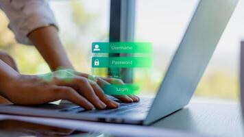 Business woman type a text at login window, Cybersecurity concept Global network security technology, Secure access to user personal information, Secure Internet access, Cybersecurity. photo