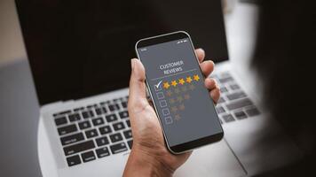 Service experience rating online application, Customer Satisfaction Survey concept, 5-star satisfaction, customer evaluation product service quality, satisfaction feedback review, good quality most. photo