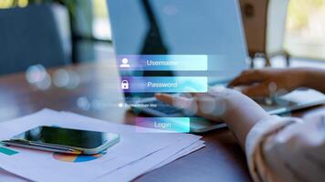 Business woman type a text at login window, Cybersecurity concept Global network security technology, Secure access to user personal information, Secure Internet access, Cybersecurity. photo