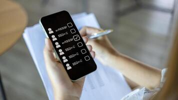 Human resource manager checks the CV online to choose the perfect employee for his business, Online and modern technologies for simplifying the human resources system, HR technology. photo