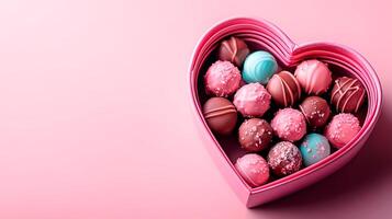 Box of assorted chocolates in heart shaped box on pink background photo