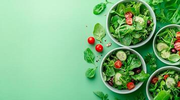 Fresh green salad in bowl on green background. Top view, copy space photo