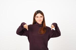 Smiling and pointing down for presenting copy space product Of Beautiful Asian Woman Isolated On White Background photo