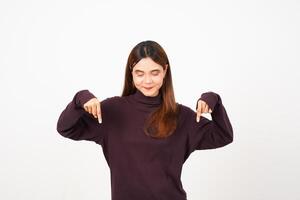 Smiling and pointing down for presenting copy space product Of Beautiful Asian Woman Isolated On White Background photo