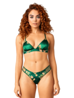 Latina woman with curly auburn hair, green eyes, athletic body type, wearing a satin bralette and thong set in emerald png