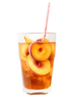 Peach Iced Tea with peach slices and ice cubes, vibrant orange and amber hues, isolated png