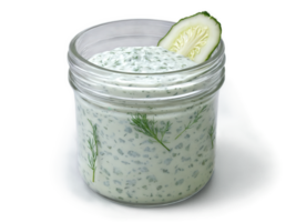 Tartar Sauce with Dill A creamy dill-infused tartar sauce in a transparent jar, with bits of dill and pickles visible. png