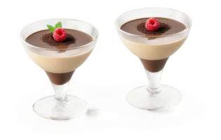 Mocha mousse panna cotta served in small glass cups, topped with a caramelized sugar crust and a drizzle of dark png