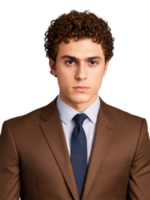 Young man with short, curly brown hair and deep brown eyes, a serious, intense look. He wears a smart suit. png