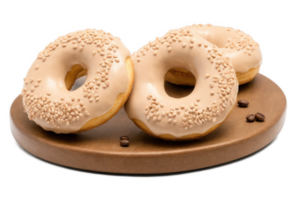 Mocha mousse donuts with a light, airy dough topped with a smooth mocha mousse frosting and sprinkled with crushed coffee png