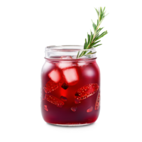 Pomegranate lemonade with floating seeds ice cubes and sprig of rosemary deep red liquid served png