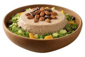 Mocha mousse quinoa salad with a creamy, coffee-infused dressing, mixed with roasted vegetables, and topped with dark chocolate shavings png