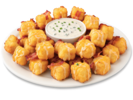 Tater Tots with Cheese and Bacon A plate of crispy tater tots topped with melted cheddar cheese and crumbled bacon. png
