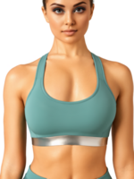 luxurious teal sports bra with intricate silver detailing along the straps and neckline. The fabric is soft and supportive, ideal png