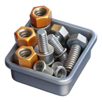 3D Render of Bolts and Nuts in a Tray png