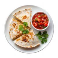 Delicious quesadilla served with fresh salsa and garnished with coriander. png