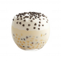 Delicious dessert topped with cream and chocolate chips in a clear glass. png