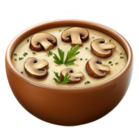 Delicious creamy mushroom soup served in a rustic bowl, garnished with fresh herbs. png