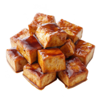 Delicious caramelized tofu cubes stacked artfully for a tempting visual treat. png