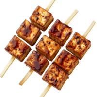 Delicious grilled tofu skewers glazed with a savory sauce, perfect for any meal. png