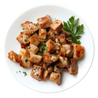 Delicious grilled chicken bites garnished with herbs on a white plate. png