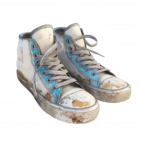Worn-out sneakers with a unique blue and white design, showcasing urban style. png