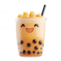 Cute cartoon bubble tea with smiling face, featuring tapioca pearls and fruity toppings. png