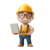 Happy construction worker using laptop for project management and communication. png