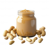 Creamy peanut butter in a jar surrounded by whole peanuts on a white background. png